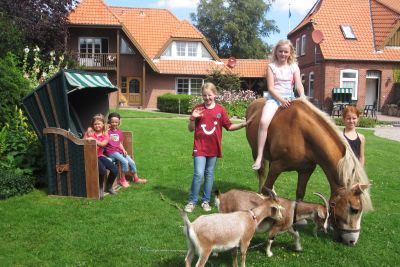 Kinder, Pony und Ziegen auf dem Hof